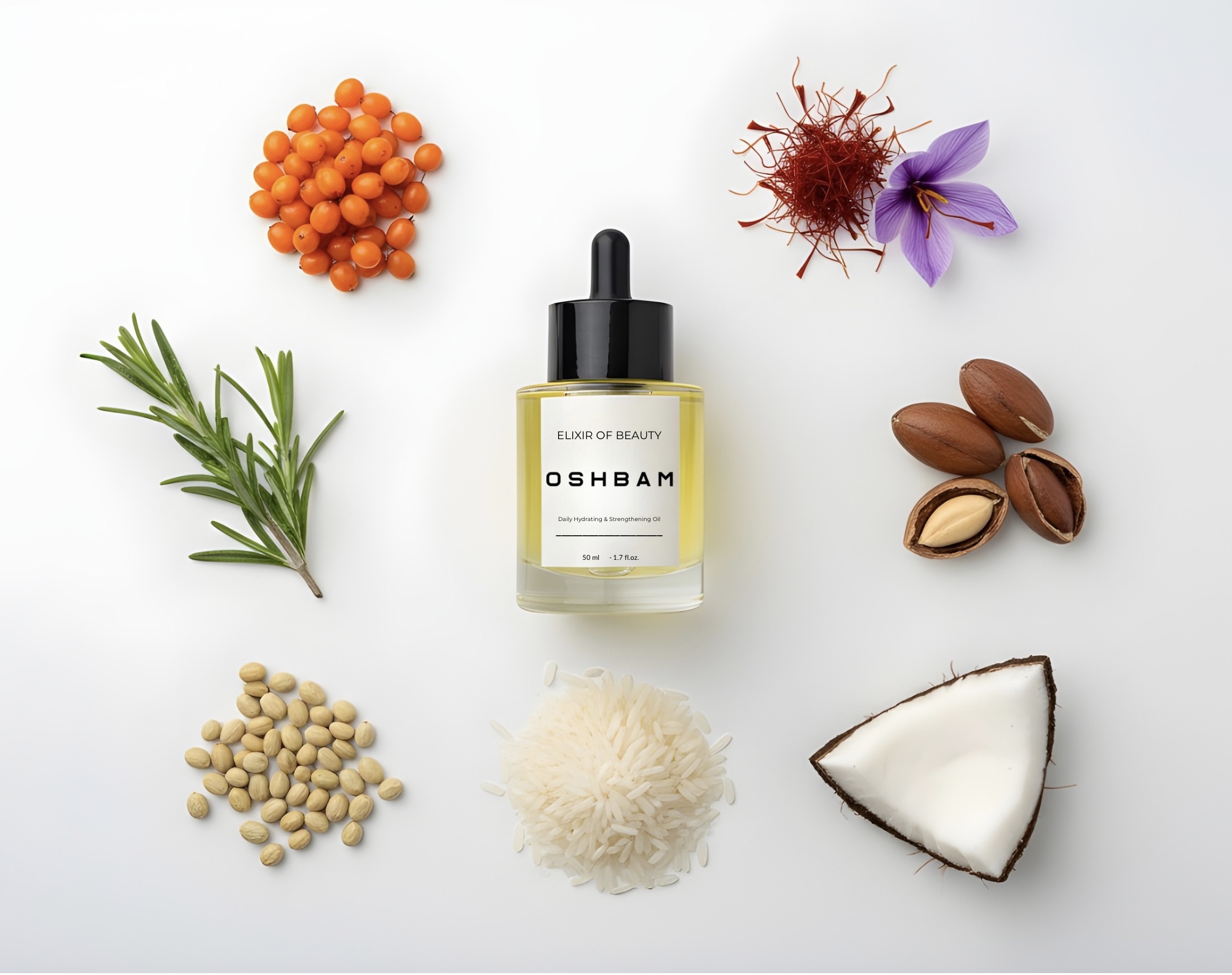 OSHBAM Elixir of Beauty with saffron, argan, sea buckthorn, jojoba, and botanical ingredients